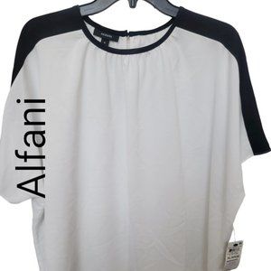 𝅺ALFANI Womens White Gathered Color Block Short Sleeve Crew Neck Top XL NWT